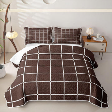 Plaid Quilt Set Brown Grid Checkered Bedspread Set, Farmhouse Buffalo Gingham Soft Lightweight Quilted Geometric