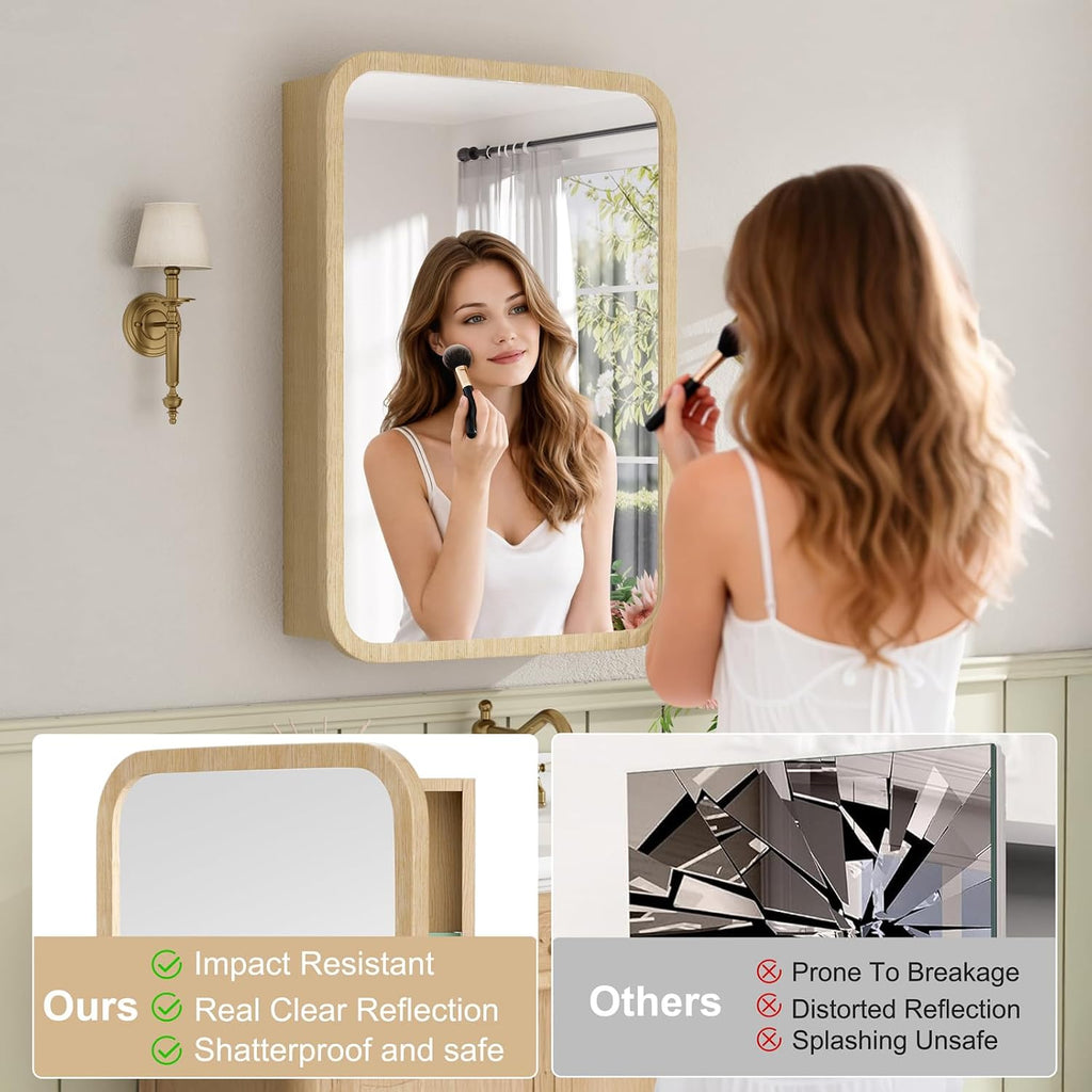 20x28 Inch Wood Medicine Cabinet with Mirror , Oak | Fully Assembled, Surface or Recessed Mount Mirror Cabinet