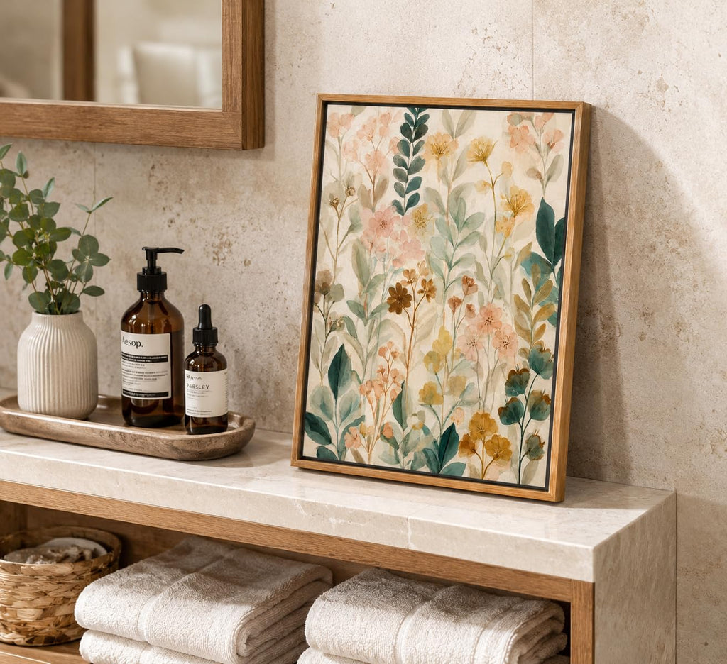 Floating Framed Boho Beige Flower Canvas Wall Art Wall Decor