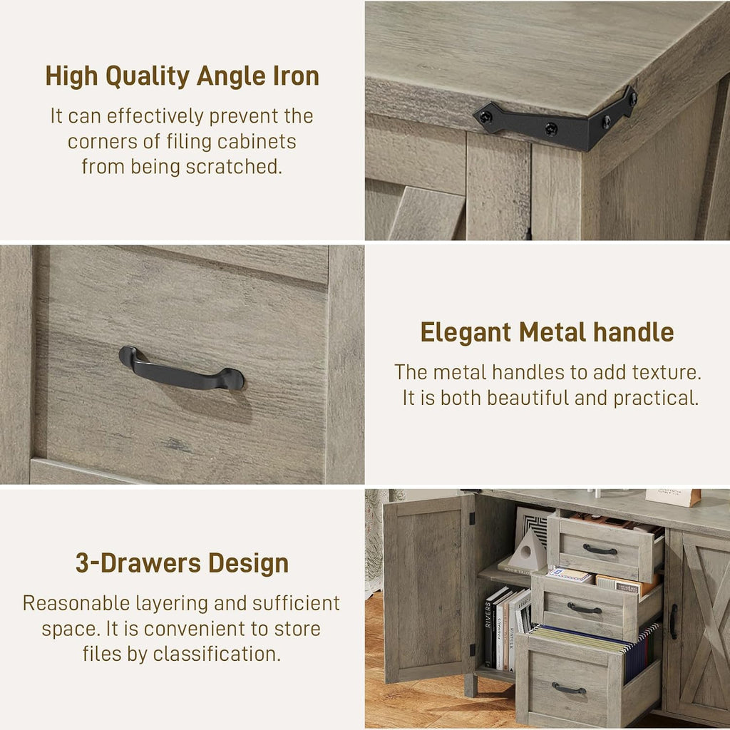 Farmhouse Lateral File Cabinet with 3 Drawers and Doors, Rustic Grey | Lateral Filing Cabinet Fits Letter or A4 Size