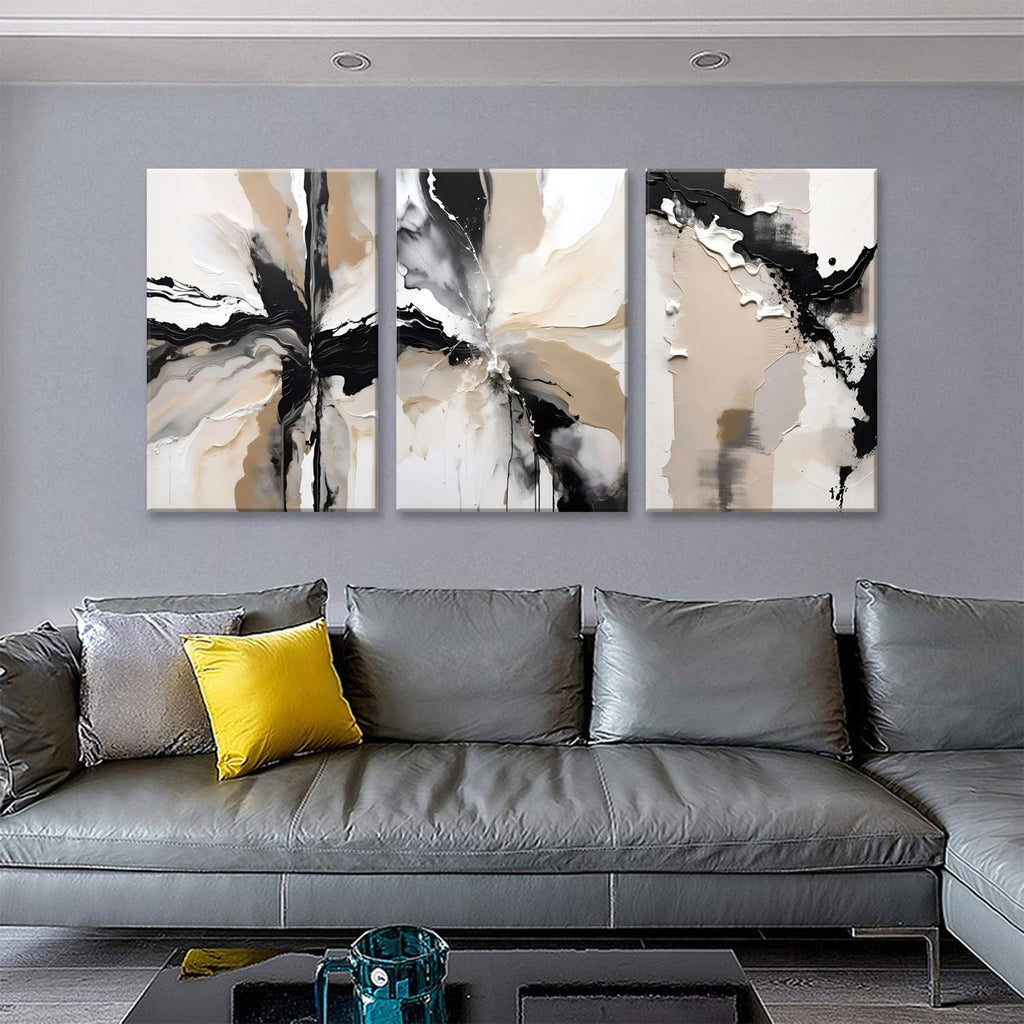 Framed Black and Brown Abstract Geometric Canvas Wall Art Modern Grey White Beige Print Poster Set of 3 Painting