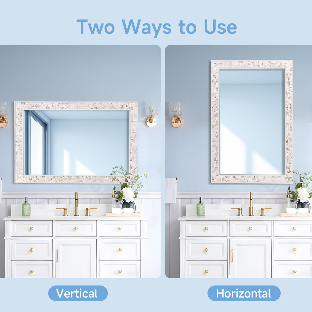 White Bathroom Mirror 24 x 36 Inch, Natural Shell Mosaic Wall Decor