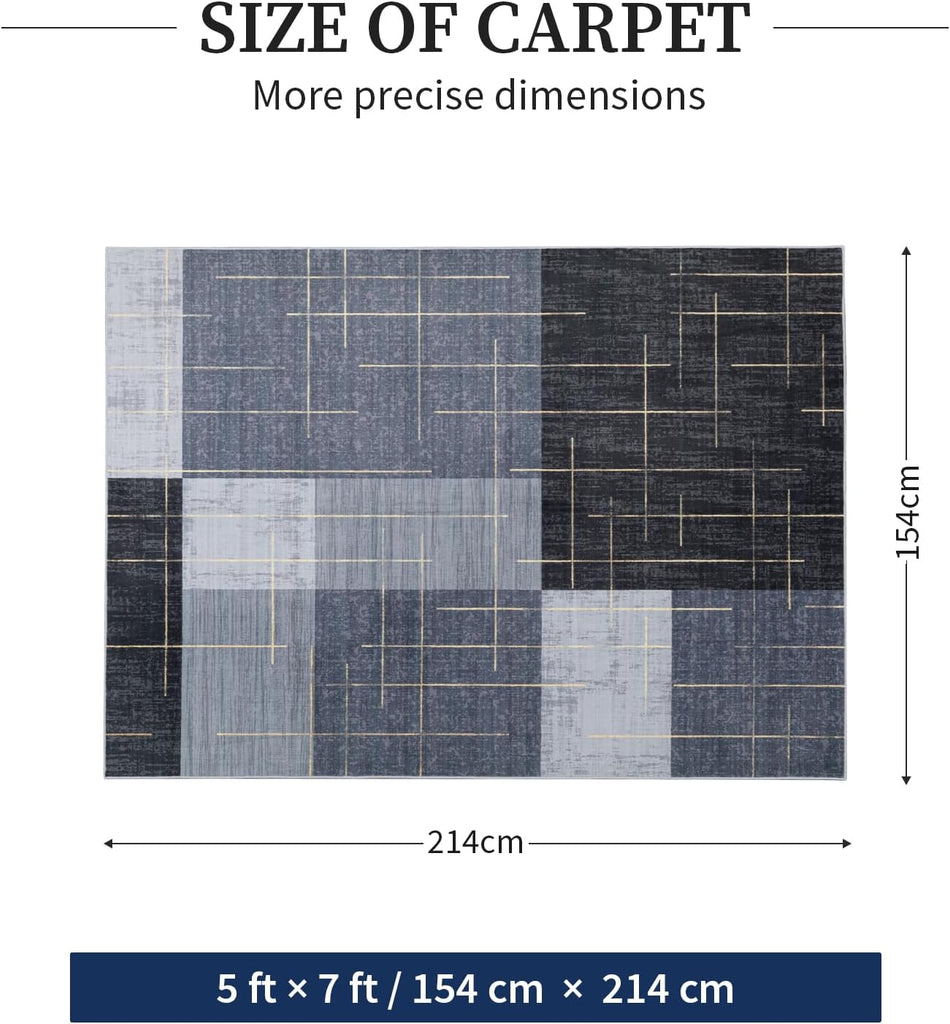 Washable Abstract Modern Area Rugs, Contemporary Geometric Checkered Rug Non Slip Low Pile, Blue and Grey White