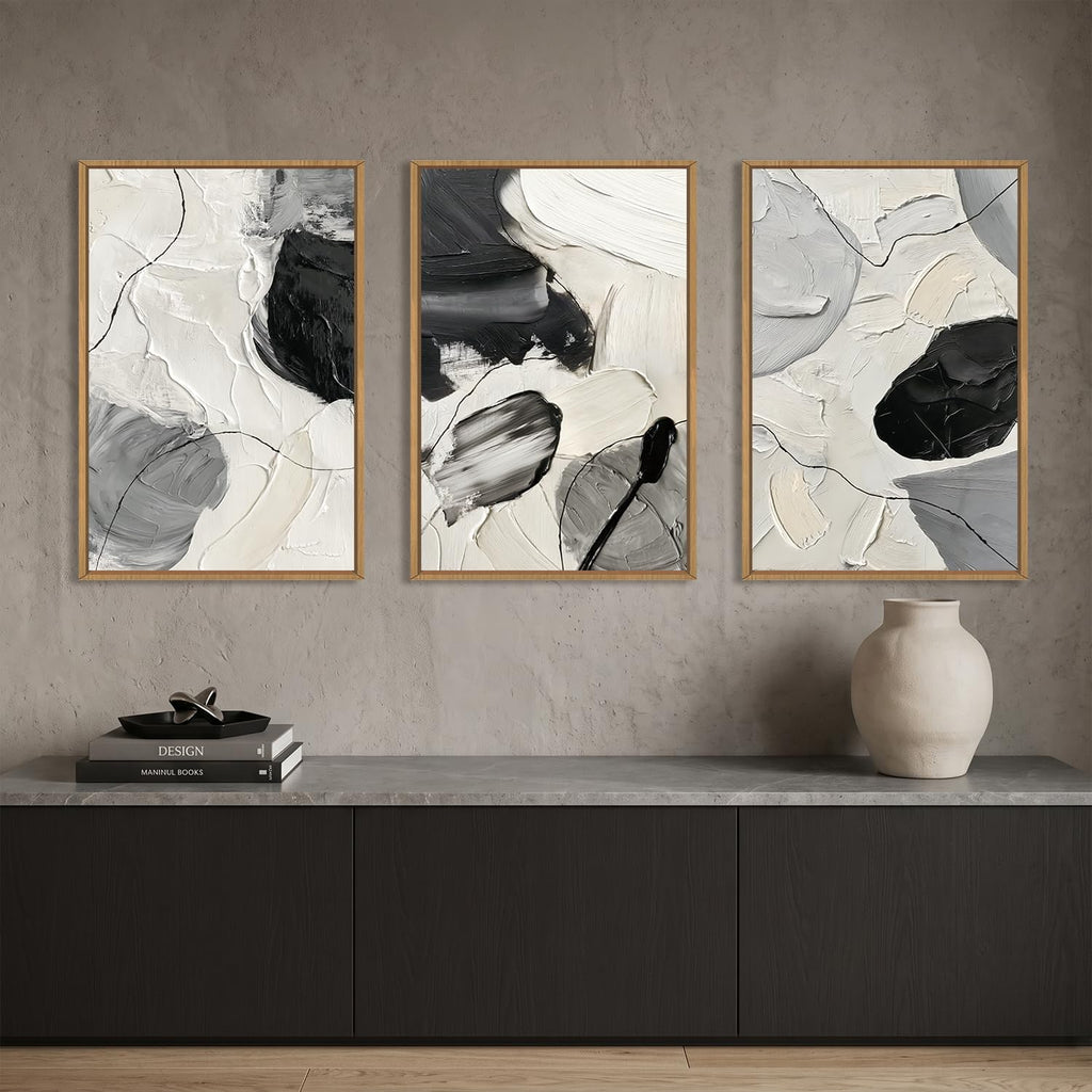 Large Abstract Black White Framed Canvas Wall Art Set-16"x24"x3