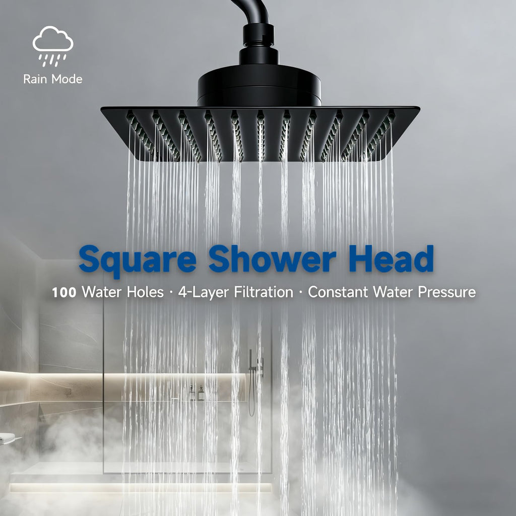 Rain Shower Head with Filter for Hard Water Square 10 Inch Matte Black