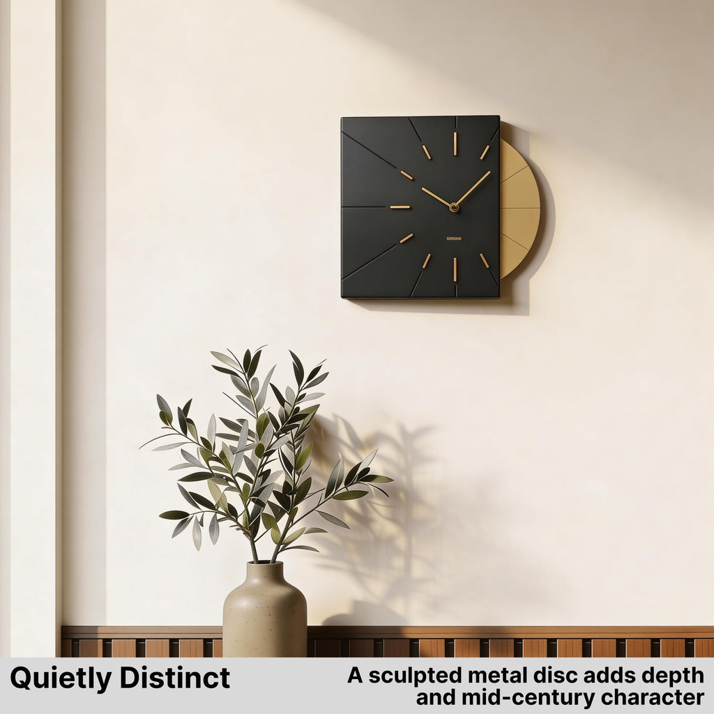 Black and Gold Mid Century Modern Wall Clock, Battery Operated