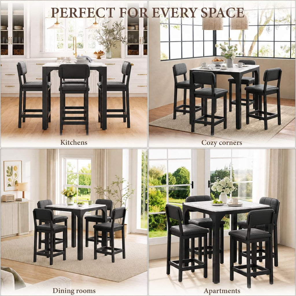 5-Piece Counter Height Dining Table Set for 4, Marble-Look, Grey