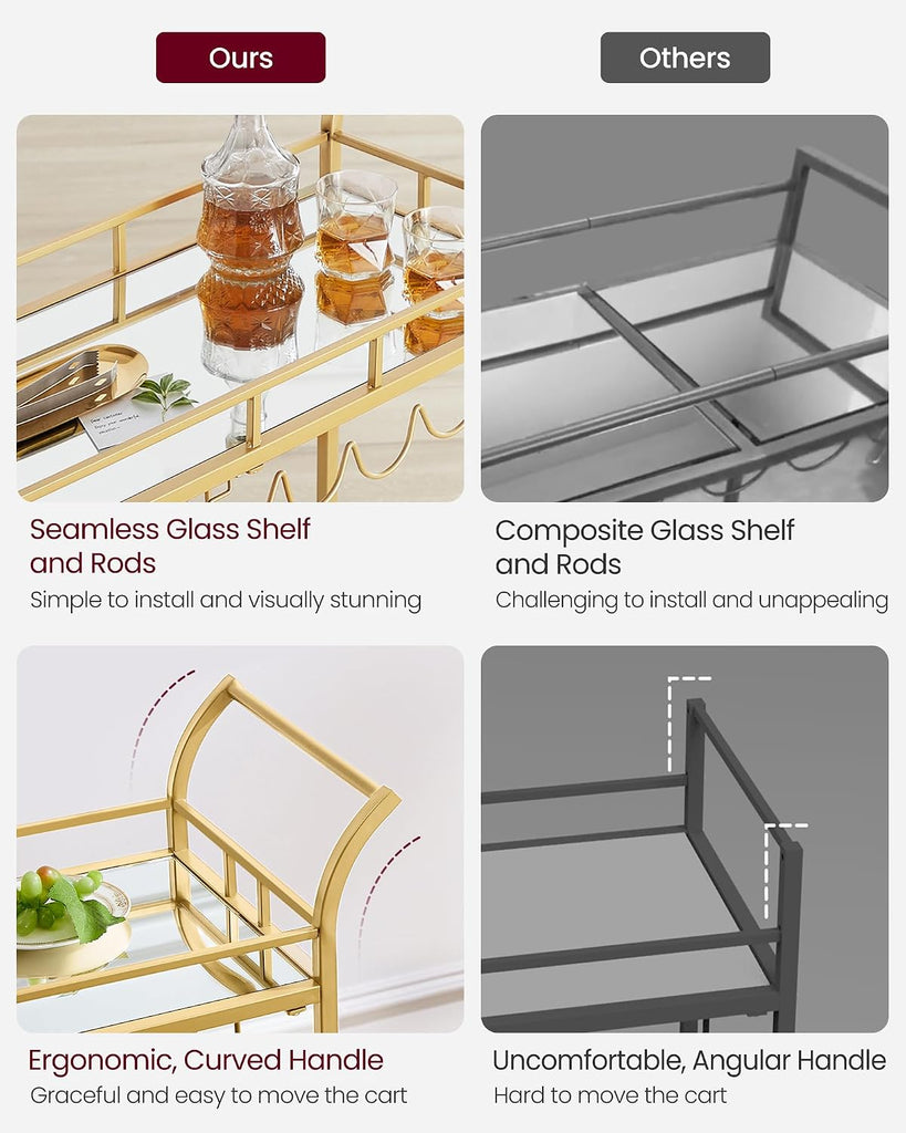 Bar Cart with 2 Mirrored Shelves, Wine Holders, Glass Holders | Home Bar Serving Cart, Wine Cart, Light Red Gold and