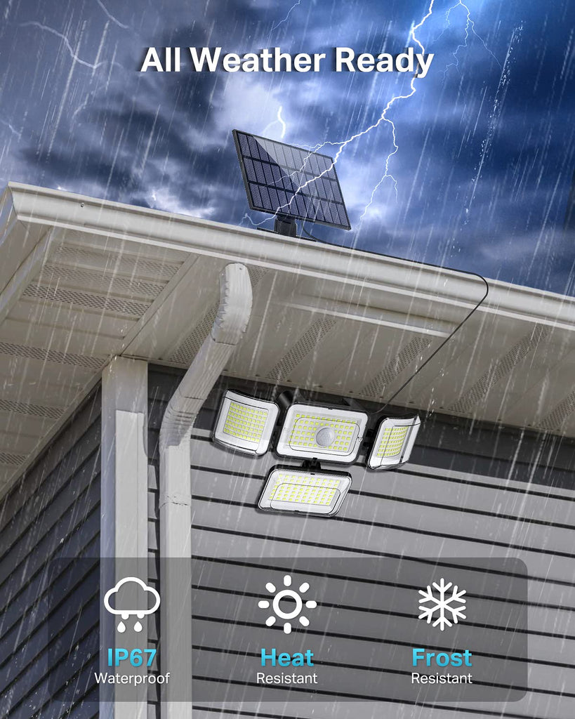 Solar Outdoor Lights Motion Sensor 288 LED Solar Security Lights with Remote Control IP67 Waterproof 4 Heads