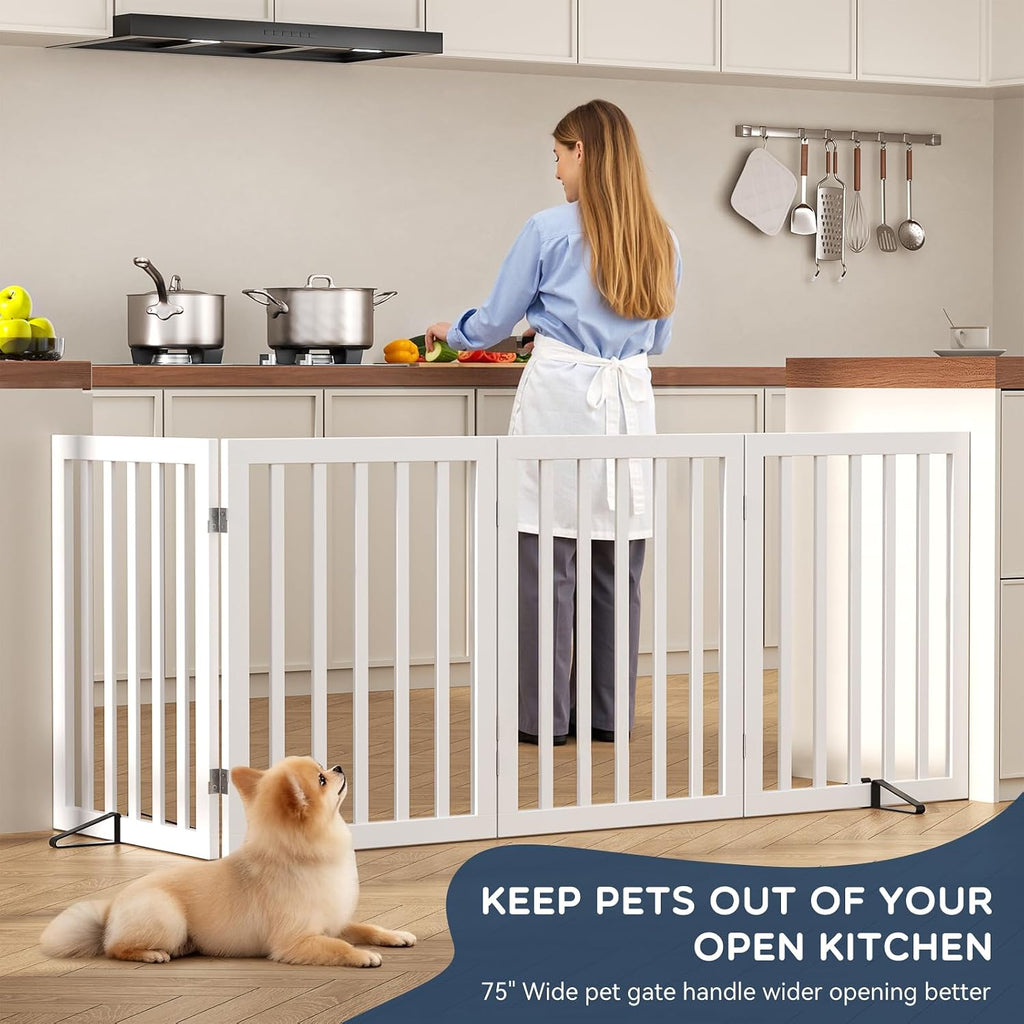 Freestanding Dog Gate Indoor, 75"W X 24"H Bamboo Pet Gate, White
