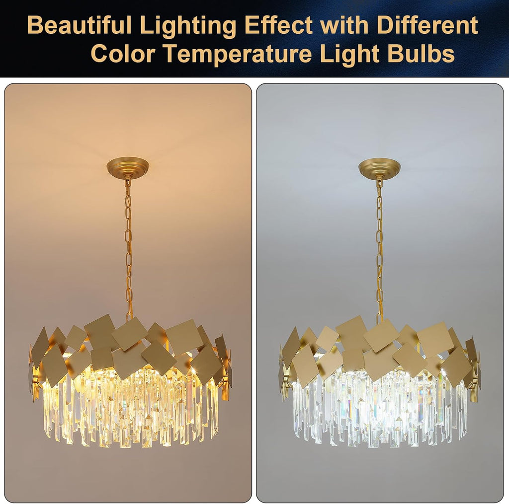 Modern Crystal Chandelier Gold 24" Round Chandeliers for Dining Room 9 Light Drum Ceiling Pendant Light Fixture K9