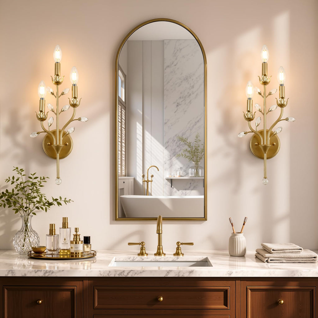 Gold Crystal Wall Sconce, 3-Light Floral Vine Candle Wall Light