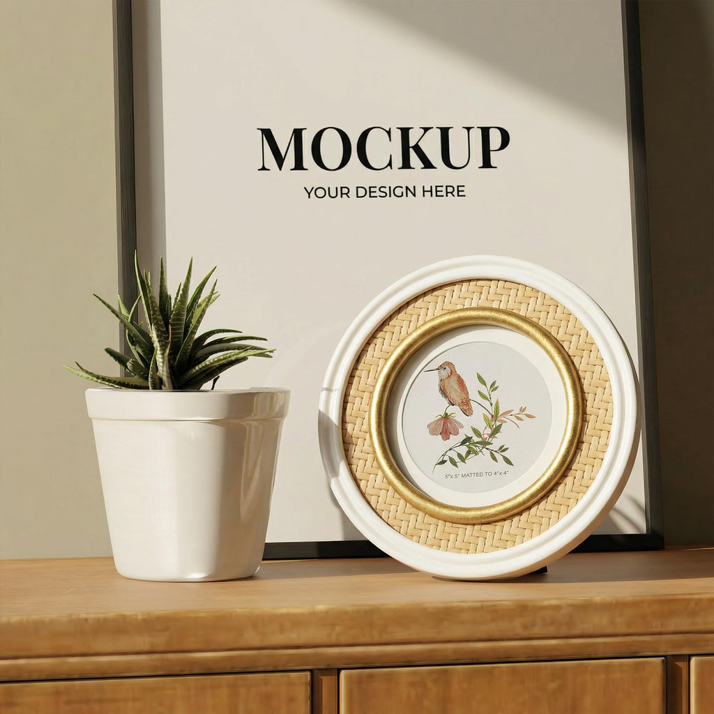 5x5 White & Glod Round Picture Frame with Rattan Trim, Solid Wood with Real Glass, Matted to 4x4, Display Photos
