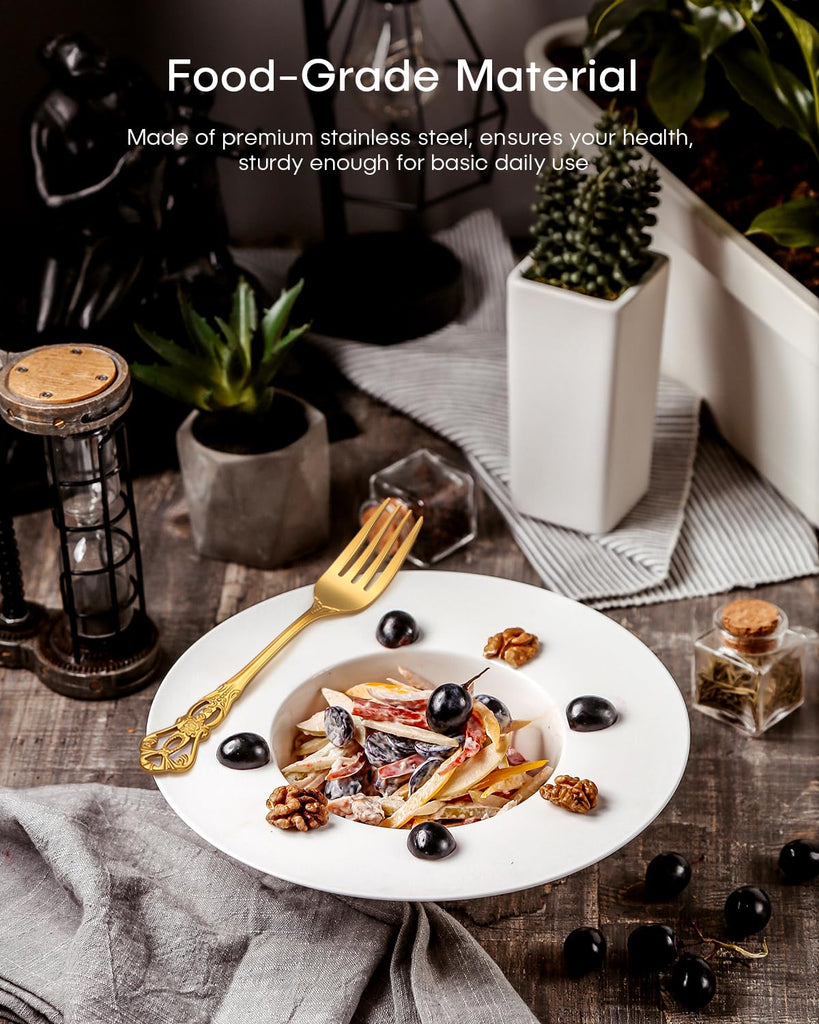 Gold Silverware Set, 48-Piece Retro Royal Flatware Set for 8 with Anti-rust Silverware Steel Black Steak Knives and