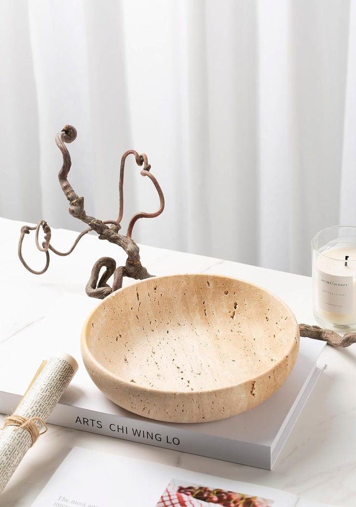 Natural Travertine Decorative Bowl 7.8", Handmade Stone Catchall Bowl for Entryway Key, Coffee Table Centerpiece
