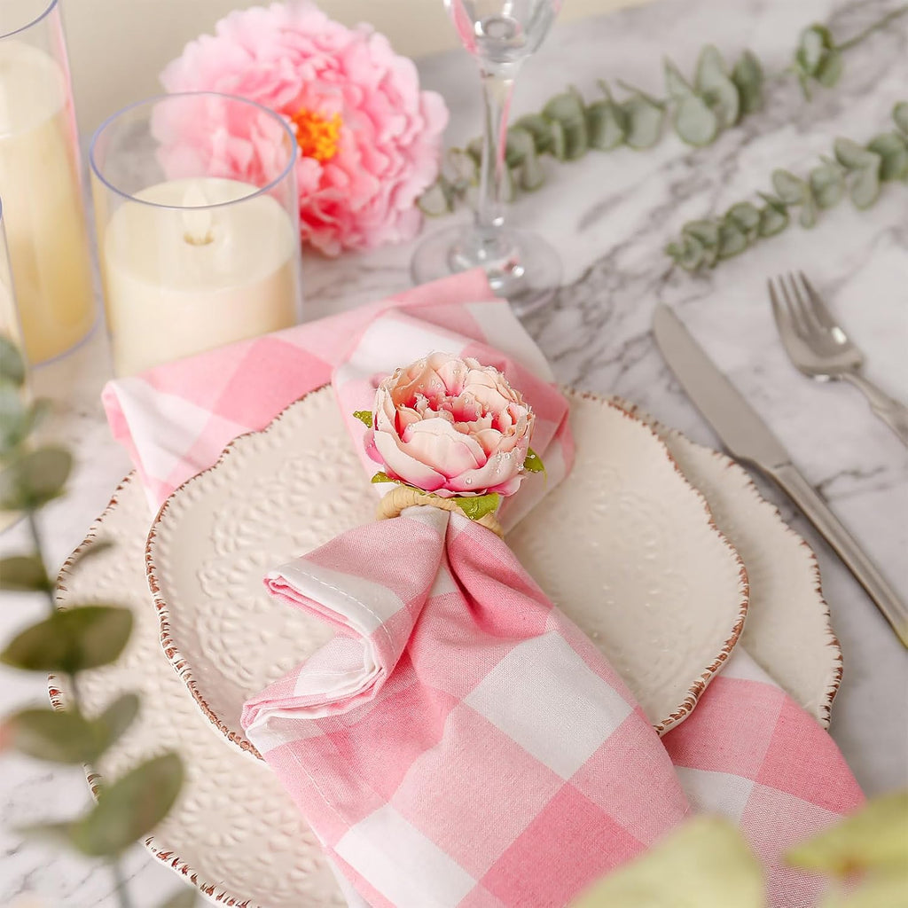 Farmhouse Flower Napkin Rings, Faux Pink Rose Napkin Ring Serviette Holder for Spring Holiday, Mothers Day - Set of 12