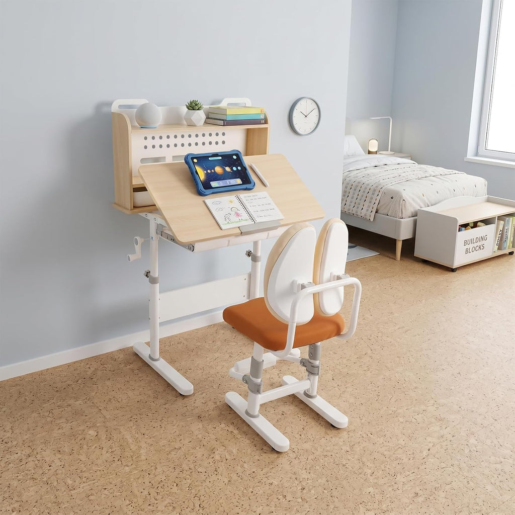 Kids Desk and Chair Set Height Adjustable Ergonomic Study Desk with Crank