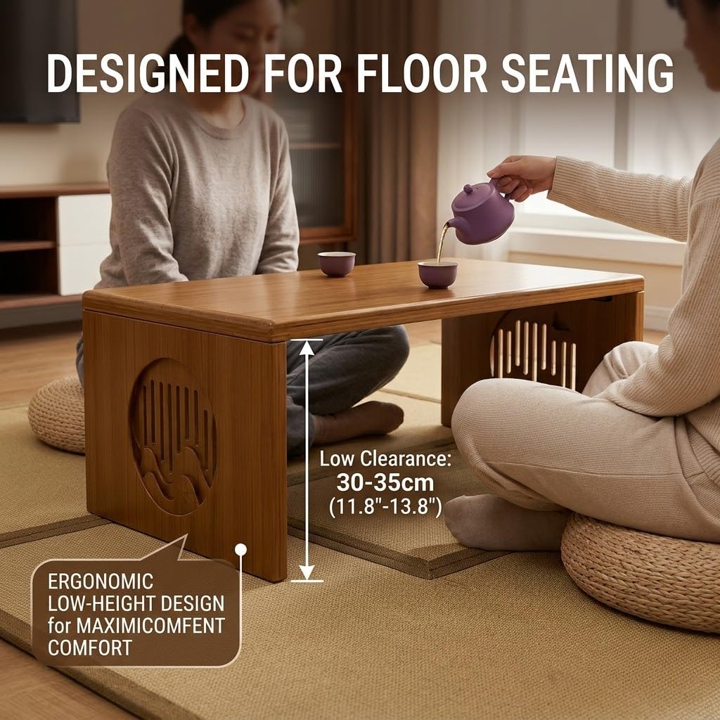 Japanese Floor Table, Bamboo Low Desk for Tea Meditation, Foldable No Assembly (Table (80cm))