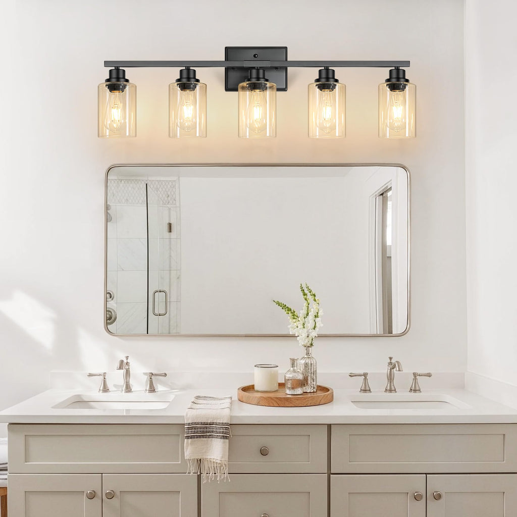 5-Light Bathroom Light Fixtures, 33 Inch Vanity Lights with Clear Glass Shade, Modern Black Finish Wall Light for
