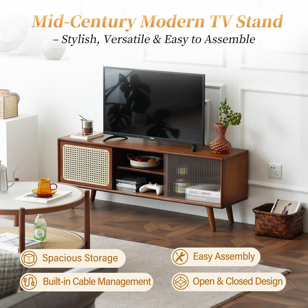 Rattan TV Stand for 55 Inch TV, Bamboo Cabinet with Storage, Walnut