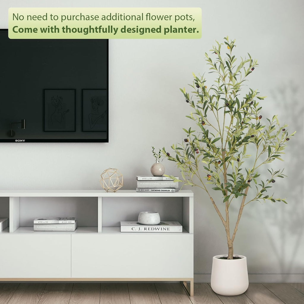 Olive Trees Artificial Indoor, 6FT Tall Faux Olive Tree with White Tall Planter, Artificial Plants with Natural Wood