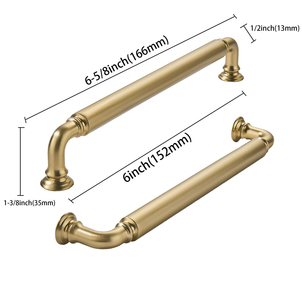 Brushed Brass Heavy-Duty Solid Cabinet Pulls, 6 Inch (152mm) Hole Center, Satin Gold Drawer Pulls, Cabinet