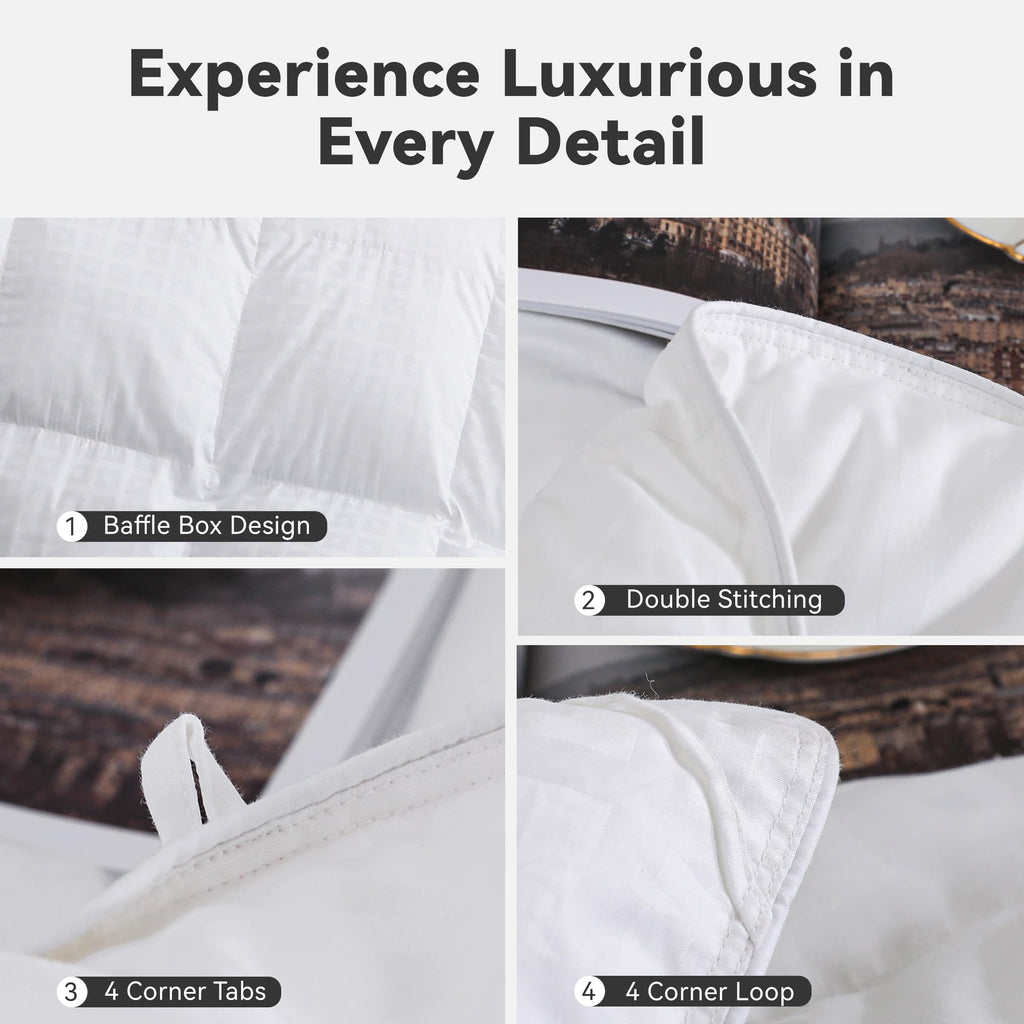Lightweight 93% Goose Down Comforter Queen Size, Medium Warmth Fluffy Duvet Insert, 100% Egyptian Cotton Shell- 750