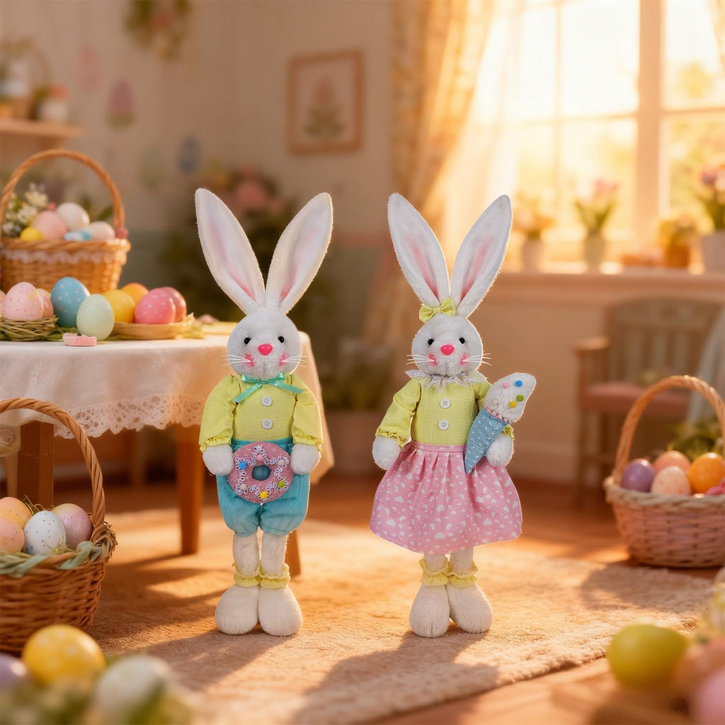 Easter Decorations Standing Bunny with Stretchable Legs, 21" to 26" White Rabbits Couple Figurine, Party Favor - Set of 2