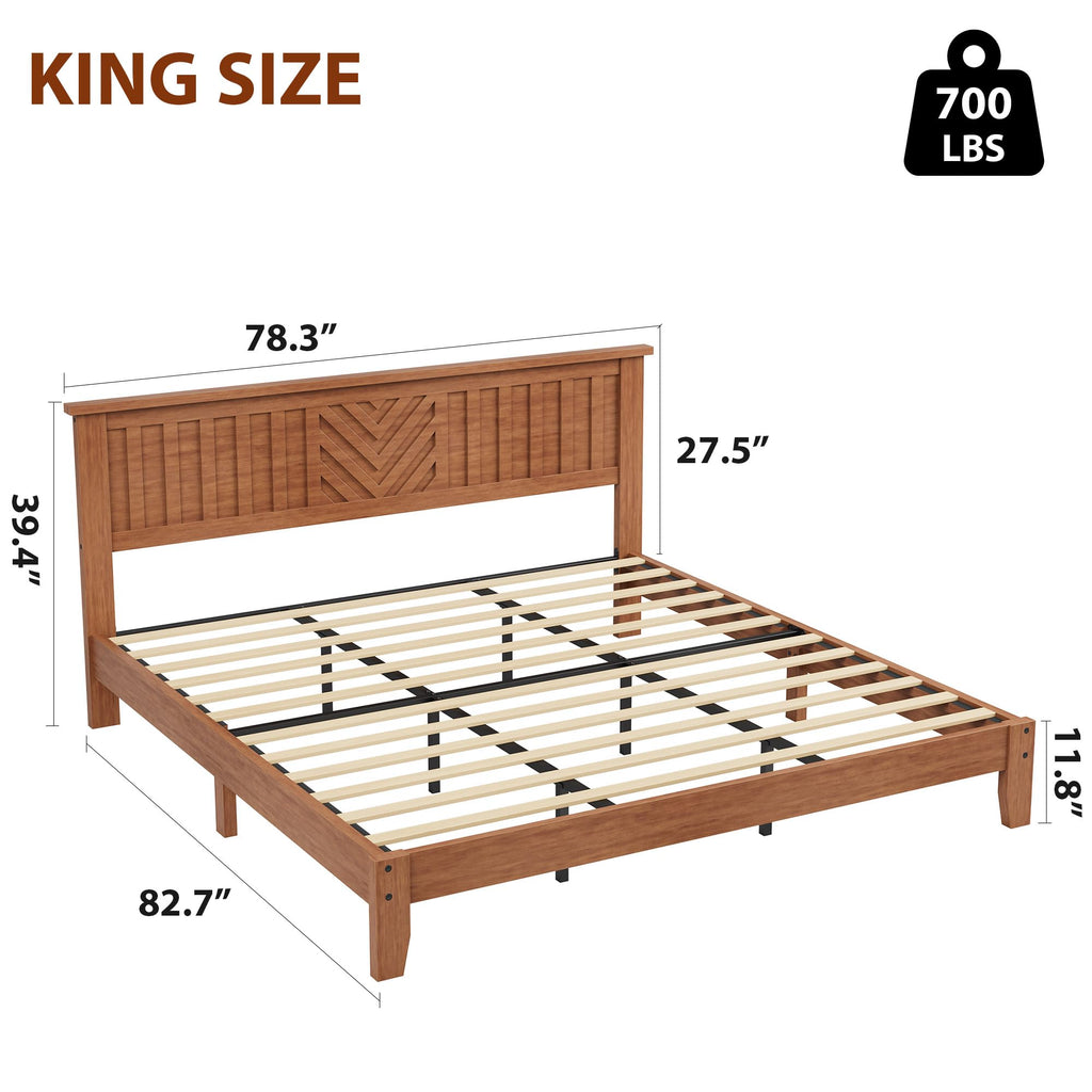 Rustic Wooden Platform Bed Frame with Headboard, Mattress Foundation with Wooden Slat Support, No Box