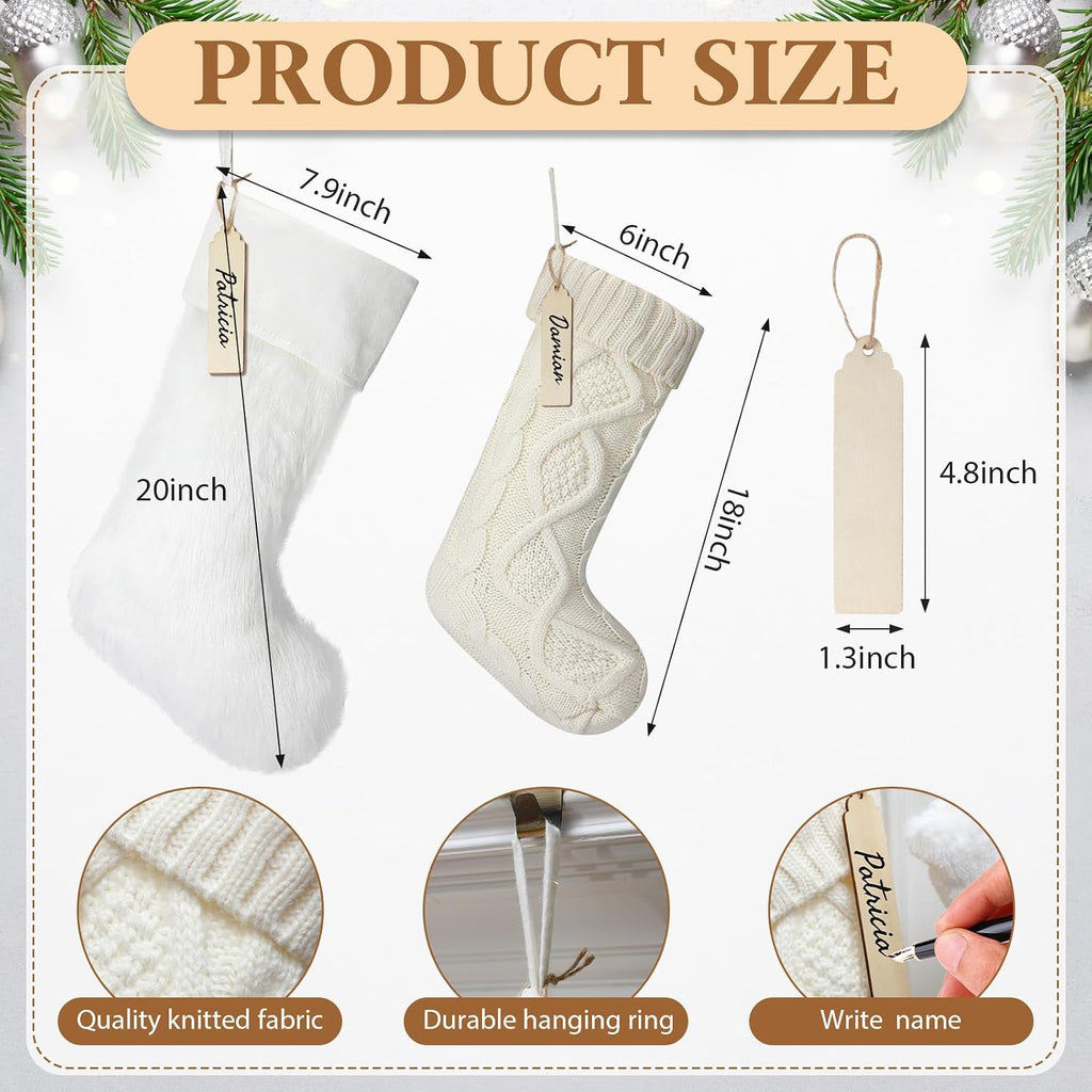 Rustic Christmas Stockings Set, 18" & 20" Large Farmhouse Boho White Cream Cable Knit Xmas Stockings Bulk - Set of 8