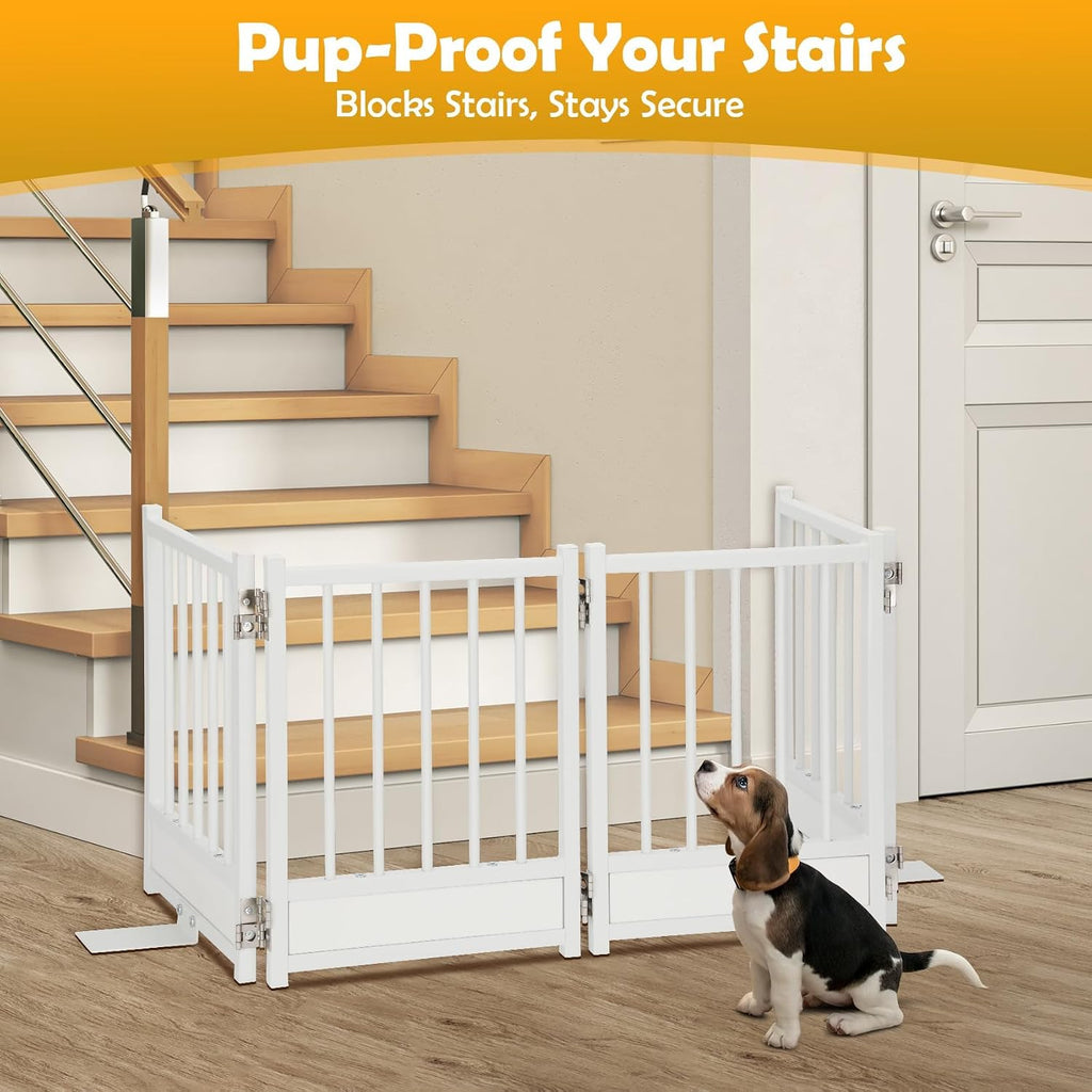 Freestanding Short Dog Gate, 16" Pet Gate Indoor with Support Feet Easily Step Over, 4 Panel Metal Wood Foldable Pet