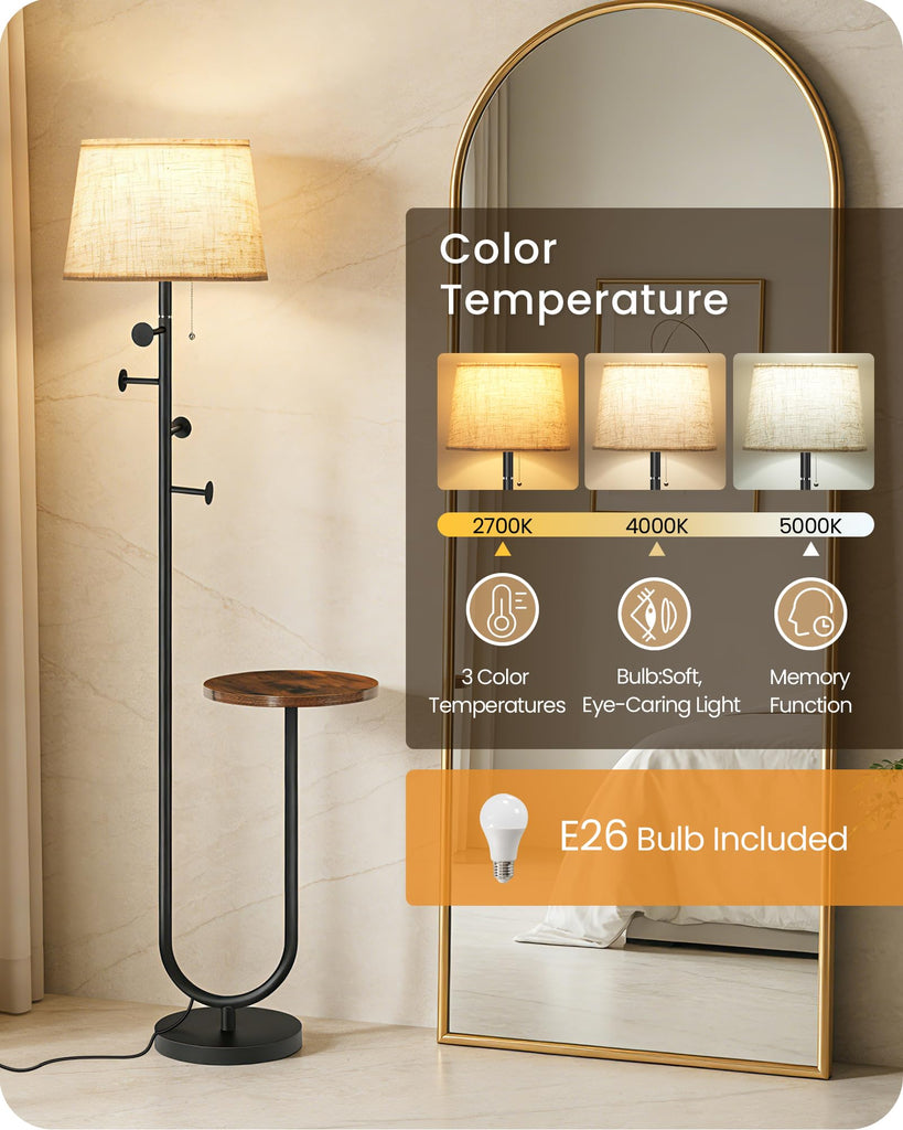 Floor Lamp with Table, Modern Standing Lamp with Shelf and Coat Rack, 3 Color Temperature Bulb Included, Side Table