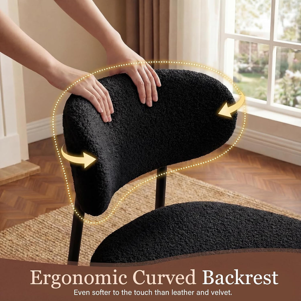 Black Boucle Dining Chairs Set of 4, 4.3" Thick Cushion,Kitchen Dining Room, Curved Backrest, Comfortable