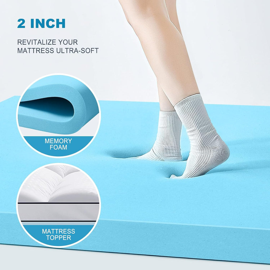 Queen Size Dual Layer 4 Inch Memory Foam Mattress Topper, 2 Inch Cooling Gel Memory Foam and 2 Inch Pillow Top