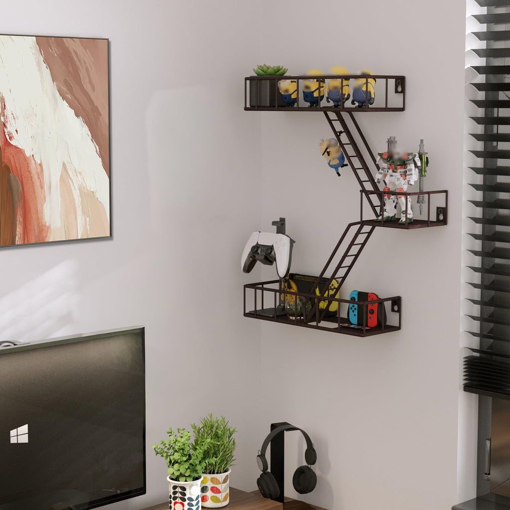 Fire Escape Shelf - 3 Tier Metal Coffe Fire Escape Wall Shelves with Baskets, New York Action Figurine Display Shelf