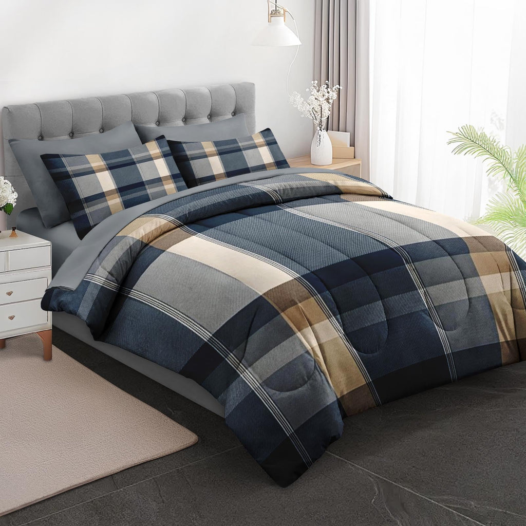 Comforter Set, 5 Pieces Plaid Navy Bedding Set