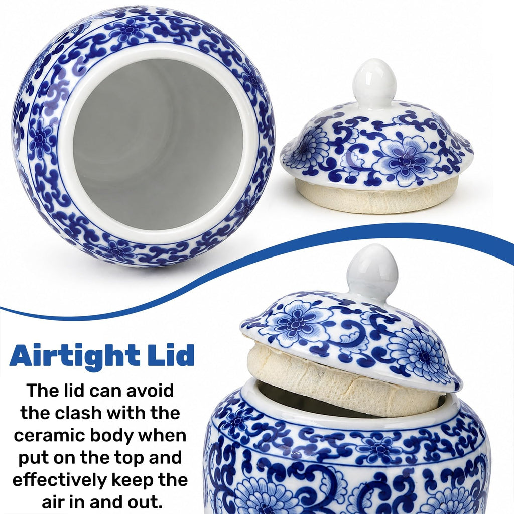 4 Pack Small Blue and White Vases, Ceramic Chinoiserie Ginger Jars with Lid, Tiny Chinese Traditional Floral Vase