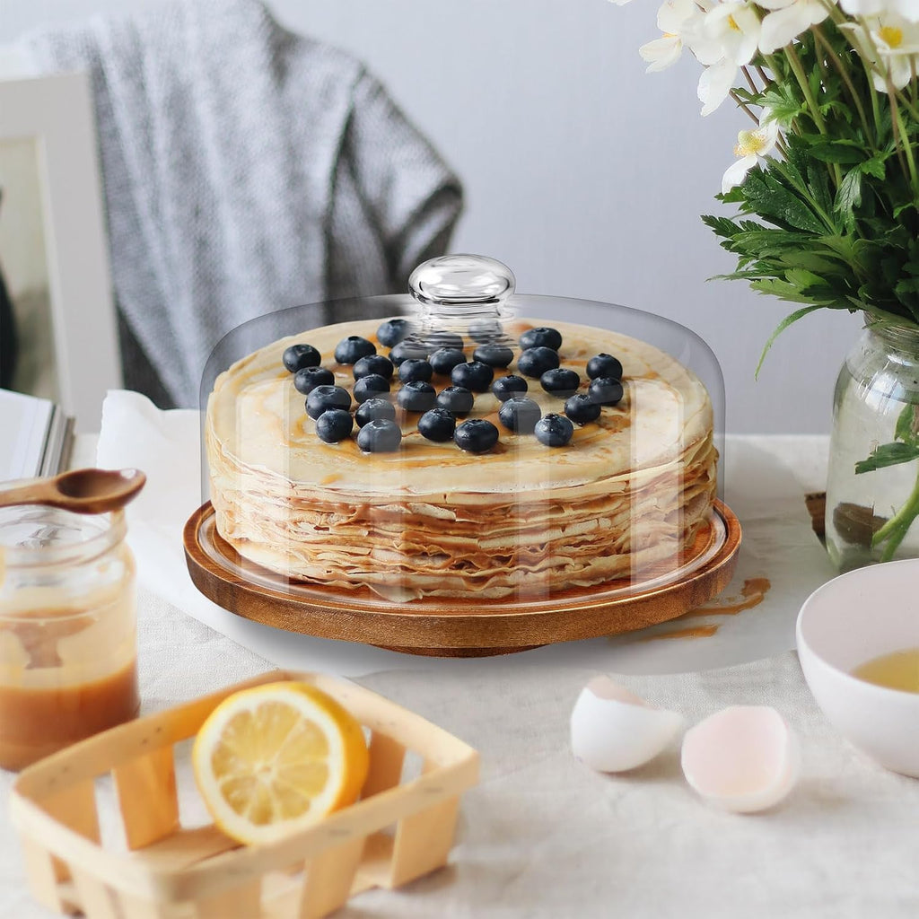 Cake Holder with Lid: 11in Wooden Rotating Cake Stand w/Glass Dome