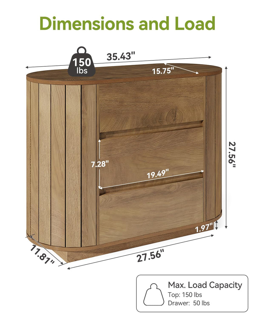 Large Nightstand, Oversized Night Stand with Drawers, Slatted Side Design Wood Nightstand, 35" Wide End Tables