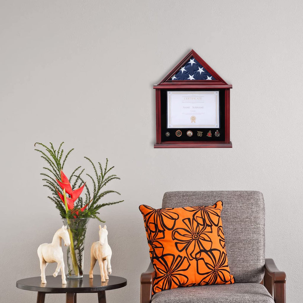 Small Military Shadow Box with Flag Display Case, Mahogany Finish
