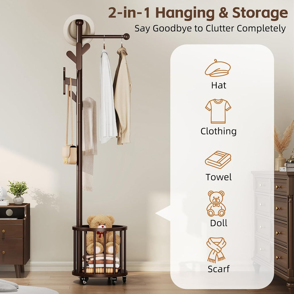Freestanding Wooden Coat Rack with Umbrella Holder,Dark Walnut Coat Rack with Hooks, Space-Saving Entryway Organizer