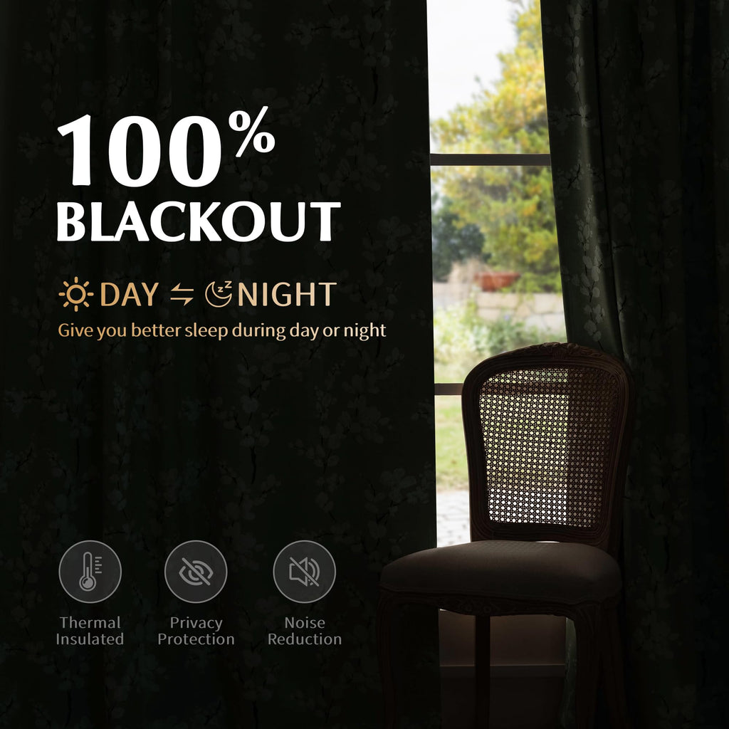 Green Blackout Floral Curtains, Bedroom, 100X84 Inches, 1 Panel