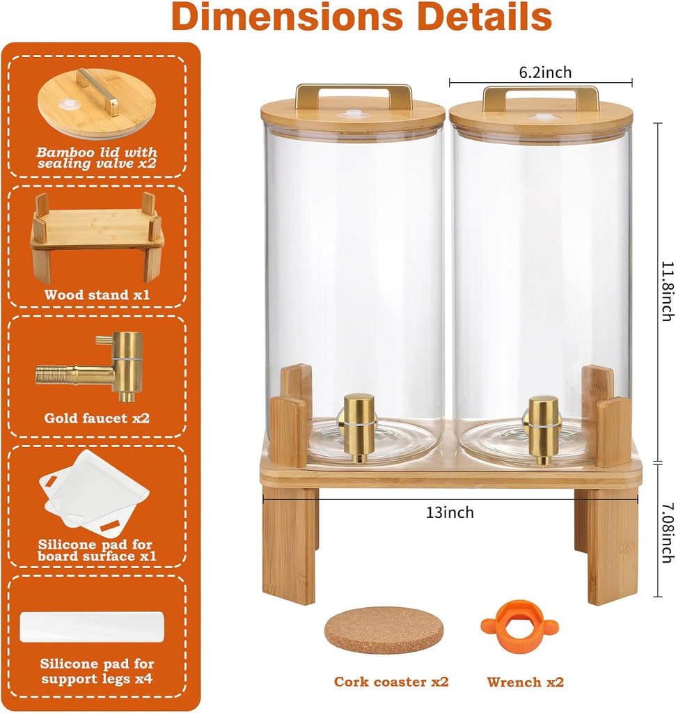 1.5 Gallon 2 PACK Glass Drink dispenser, Beverage Dispenser With Wood Stand, Lemonade Dispenser with Airtight Valve - Set of 2