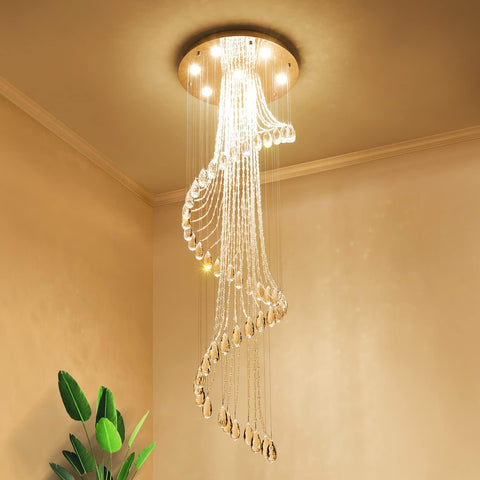 Modern K9 Crystal Spral Raindrop Chandelier Lighting Flush Mount LED Ceiling Light Fixture Pendant Lamp for Dining Room Bathroom Bedroom Livingroom 7 GU10 Bulbs Required H71" X D24" A100-B01H6O146Q