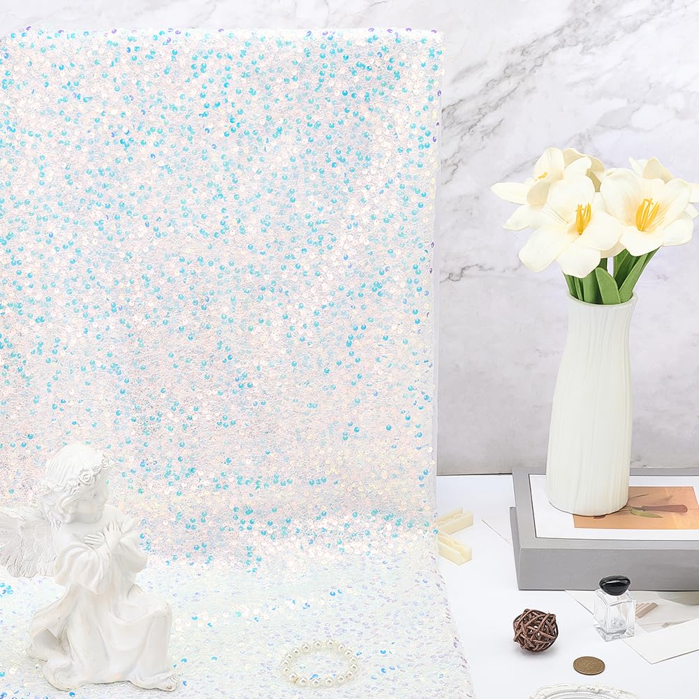 72.05 Inch White Sequin Fabric Hollow Designed Glitter Sparkly Tulle Polyester Paillette Gauze Fabrics for Sewing