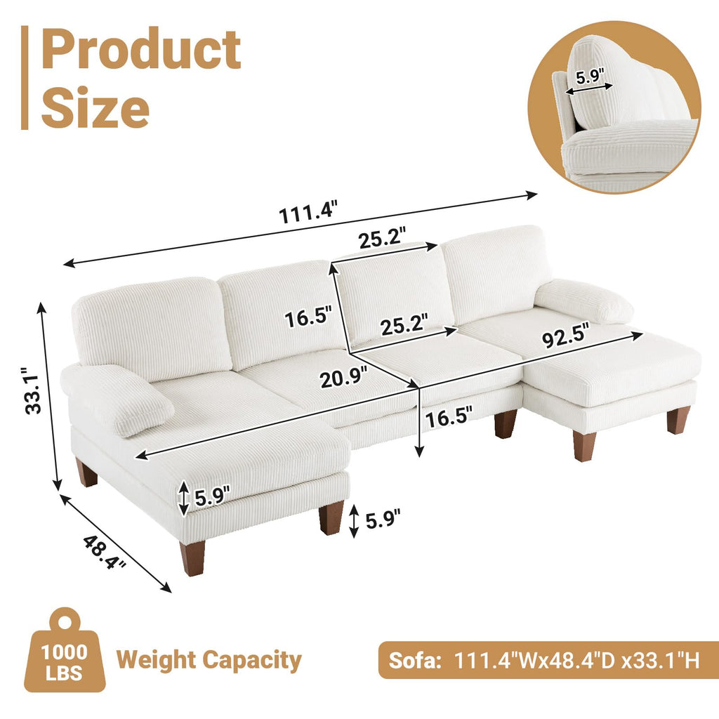 110' U Shaped Comfy Sectional Couch, Double Chaise Sofa in Corduroy Fabric, 4-Seater Upholstered Couch with Memory