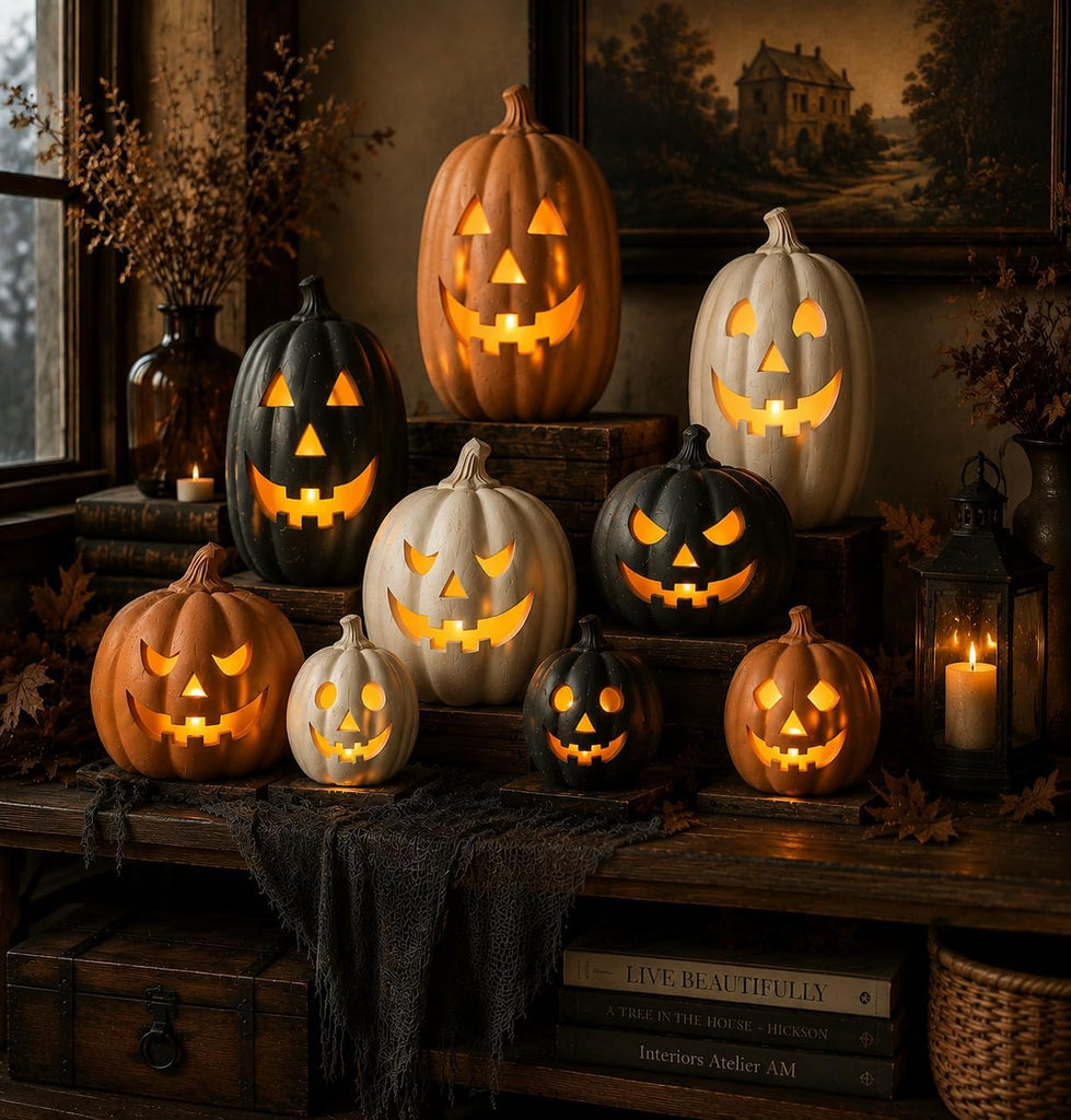 Halloween Decorations - Fall Decor - Black Handmade Terracotta Pumpkin Jack O' Lantern with Flameless Candle - Cute