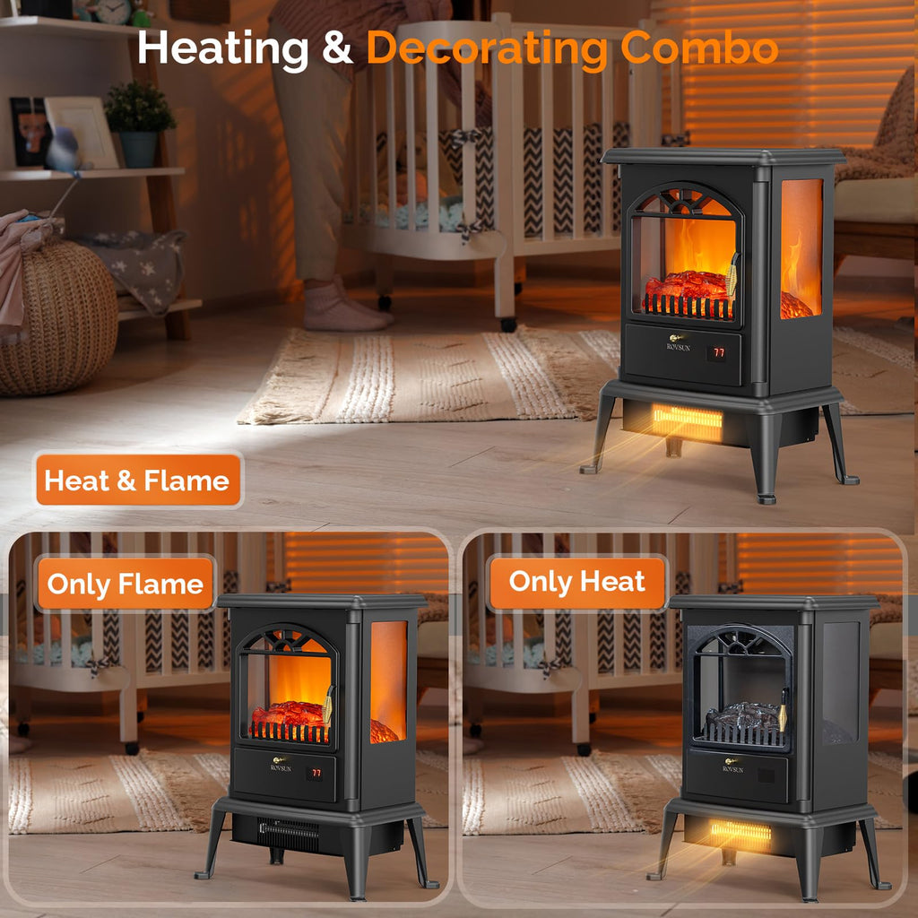 22.4"H Electric Fireplace Heater, 1500W Freestanding Fireplace Stove w/ 3D Flame Effect, Remote, Timer, Adjustable