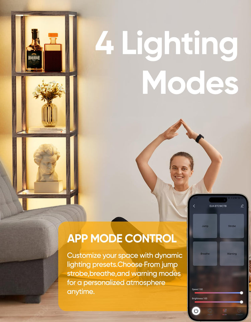 Floor Lamp Glass Display Shelf with Remote/APP Control, Dimmable LED Floor Lamp with Shelves, Open Display Cabinet