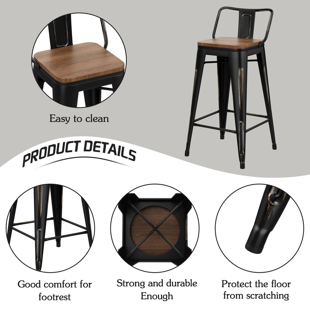 26"Barstools Set of 4 Counter Height Bar Stools Chair-Distressed Gold Black
